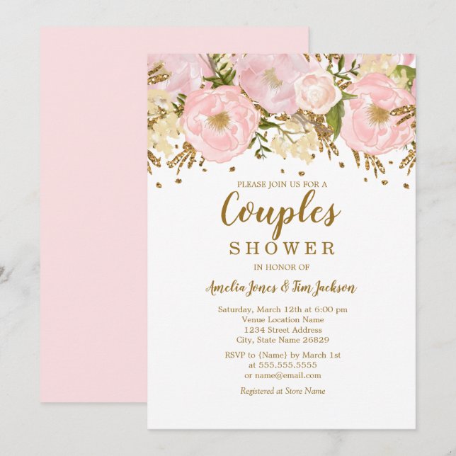 Convites Lindo Chuva de Rosado Dourado Floral Casais (Frente/Verso)