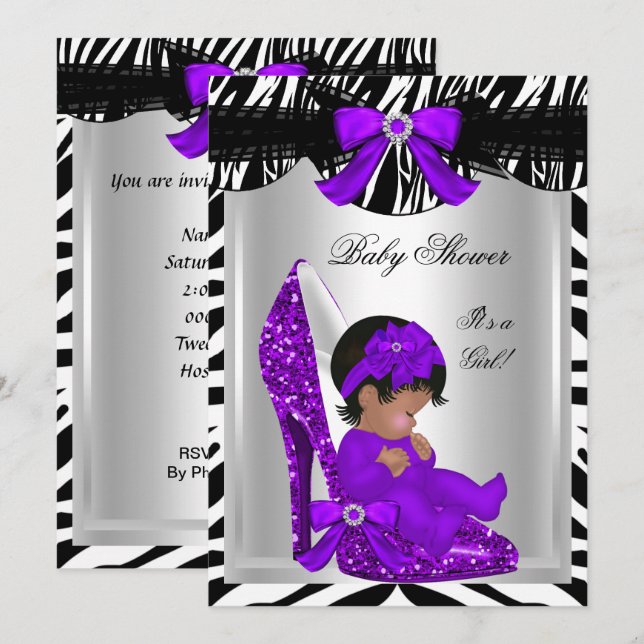 Convites Lindo Chuveiro de Bebê Menina Zebra Sapato Roxo de (Frente/Verso)