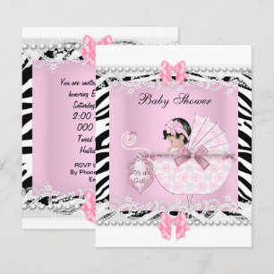 Convites Lindo Chuveiro de Bebê Zebra Bebê Menina Renda Ros