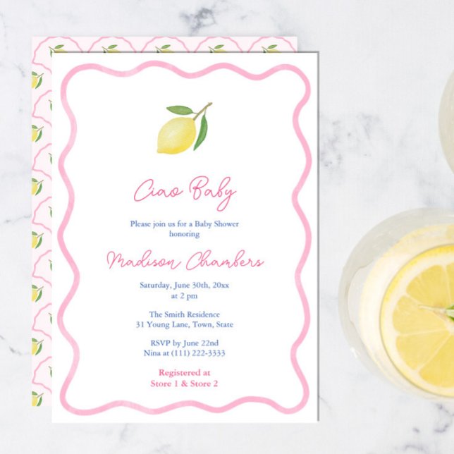 Convites Lindo Ciao Bebê Rosa Limão Menina Chá de Bebê (Ciao Baby Pretty Pink Wavy border citrus lemons baby shower invite with scallop pattern reverse)