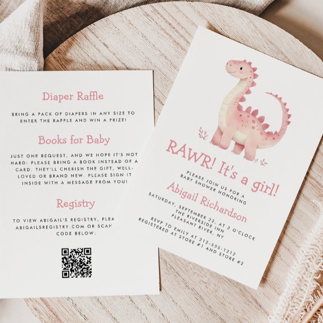 Convites Lindo Código QR de Dinossauro Rosa para Chá de Beb (Criador carregado)