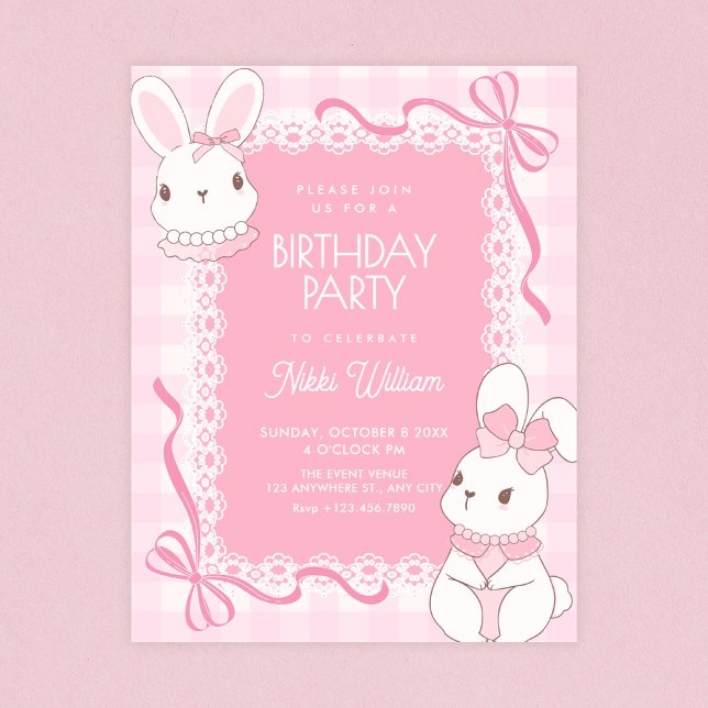 Convites Lindo coelho de laço rosa de aniversário (Criador carregado)