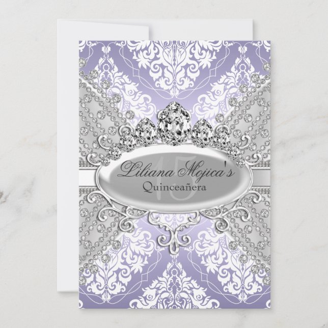 Convites Lindo Damasco Roxo Prata & Tiara Quinceanera (Frente)