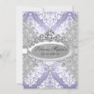 Convites Lindo Damasco Roxo Prata & Tiara Quinceanera