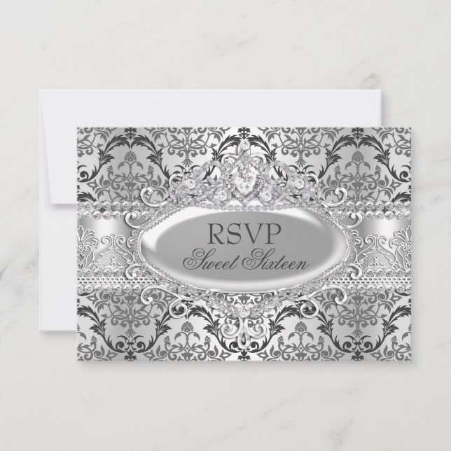 Convites Lindo Damask Silver Doce 16 RSVP (Frente)