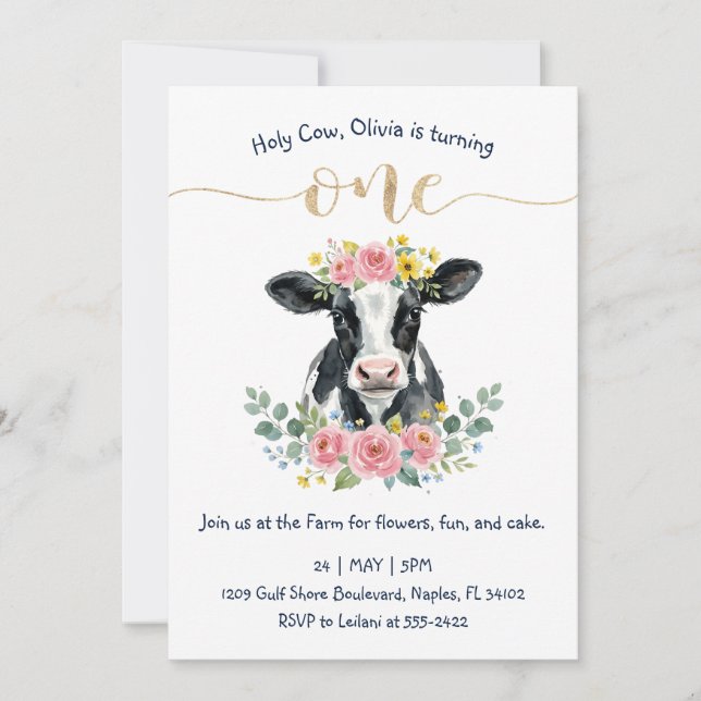 Convites Lindo Designio de Vaca Floral para Primeiro Aniver (Frente)