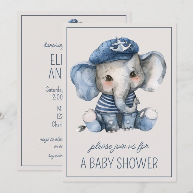 Convites Lindo Elefante Bebê Azul Náutico Personalizado (Frente/Verso)