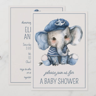 Convites Lindo Elefante Bebê Azul Náutico Personalizado
