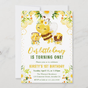 Convites Lindo Floral Amarelo Abelha Mel 1º Aniversário