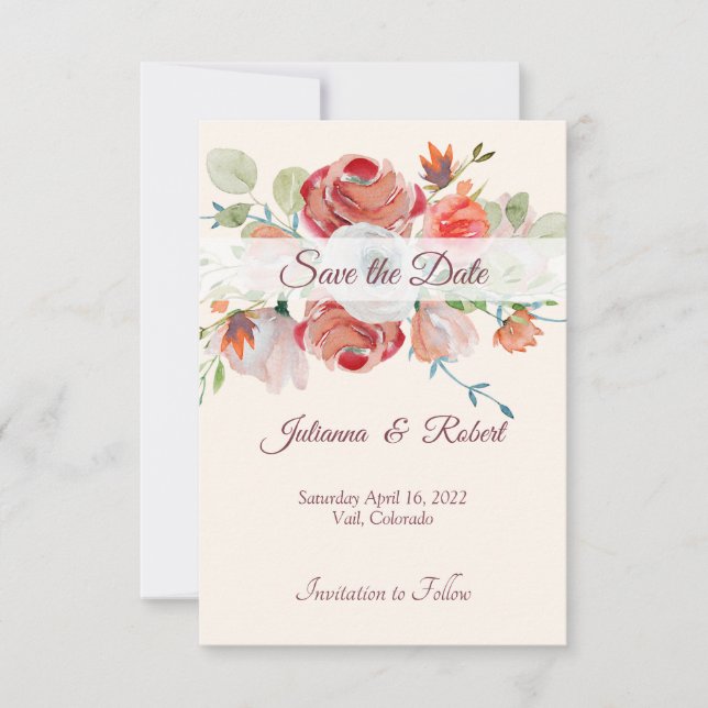 Convites Lindo floral laranja e vermelho para salvar a data (Frente)