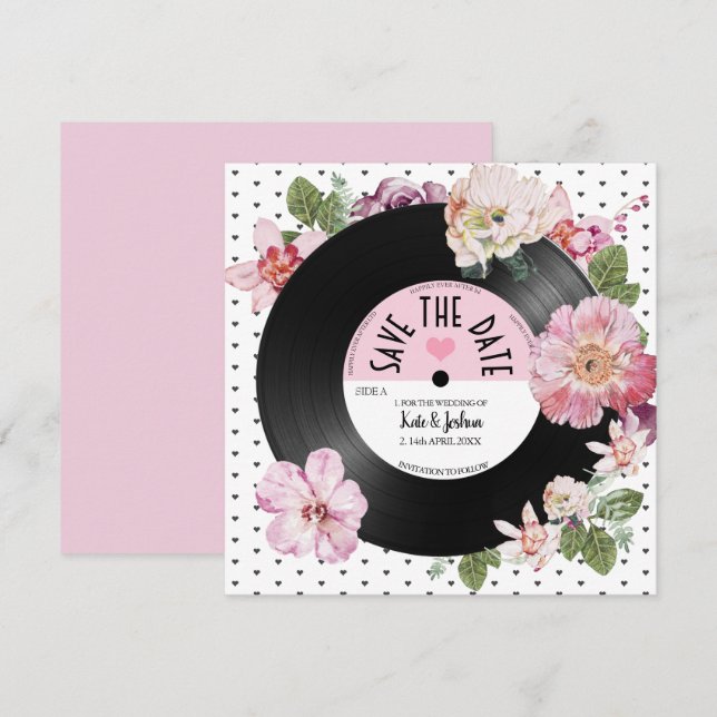 Convites Lindo floral retrô vinil Save the Date Casamento  (Frente/Verso)