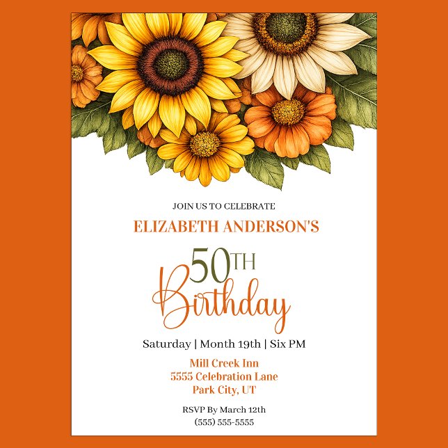 Convites Lindo Girassol 50º Aniversário (Pretty Sunflower 50th Birthday Invitation For Women.)