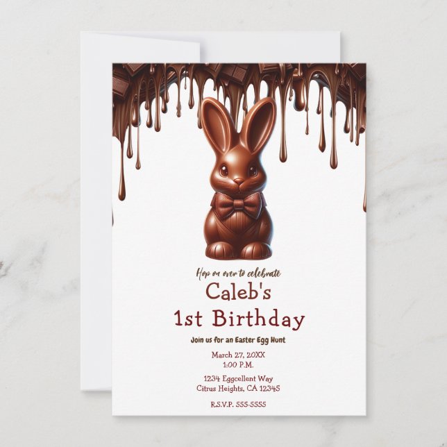 Convites Lindo laço de chocolate coelho de Páscoa 1º aniver (Frente)
