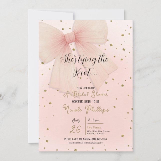 Convites Lindo Laço de Tule Rosa Dourado Confete Chá de Noi (Frente)