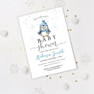 Convites Lindo Menino Pinguim Azul Chuvinha de Bebê de Inve