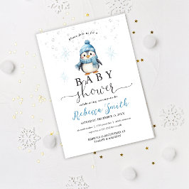 Convites Lindo Menino Pinguim Azul Chuvinha de Bebê de Inve