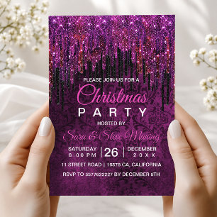 Convites Lindo Natal de rosa quente preto com Glitter Drips