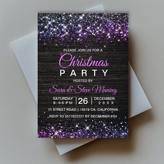 Convites Lindo Natal preto roxo com brilho falso  (Criador carregado)