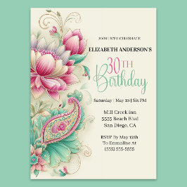 Convites Lindo Paisley Florido Aniversário de 30 Anos