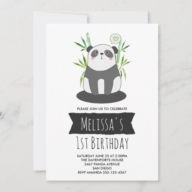 Convites Lindo Panda Preto e Branco em Bambu de Aniversário (Frente)