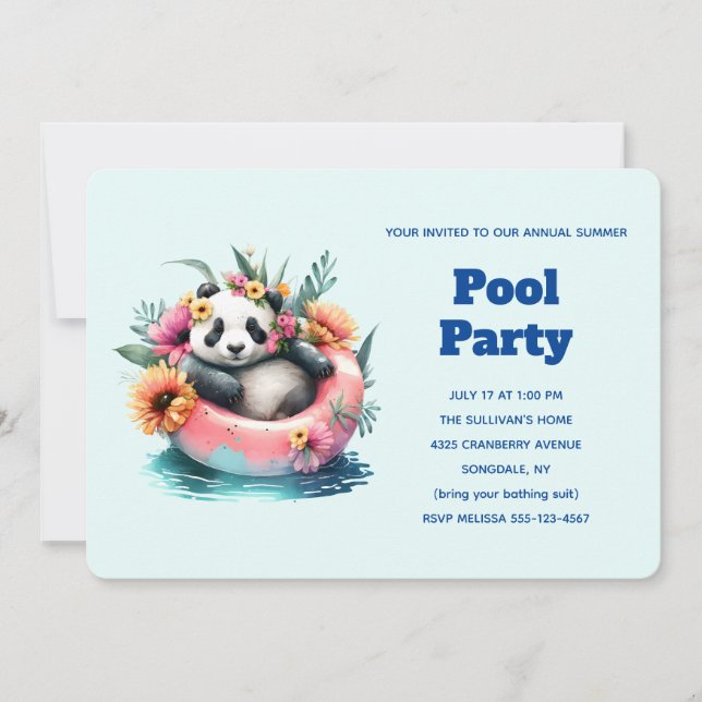 Convites Lindo Panda Relaxando em uma Festa de Piscina com  (Frente)