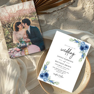 Convites Lindo Pó Azul Floral Foto Casamento