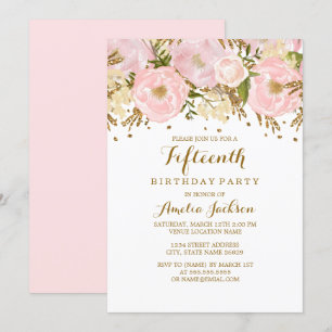 Convites Lindo Rosa Bege Dourado Floral 15º Aniversário