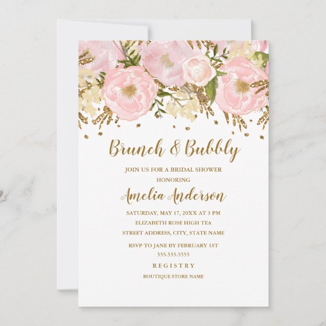 Convites Lindo Rosa Bege Dourado Floral Brunch E Bubbly (Frente)
