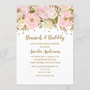 Convites Lindo Rosa Bege Dourado Floral Brunch E Bubbly