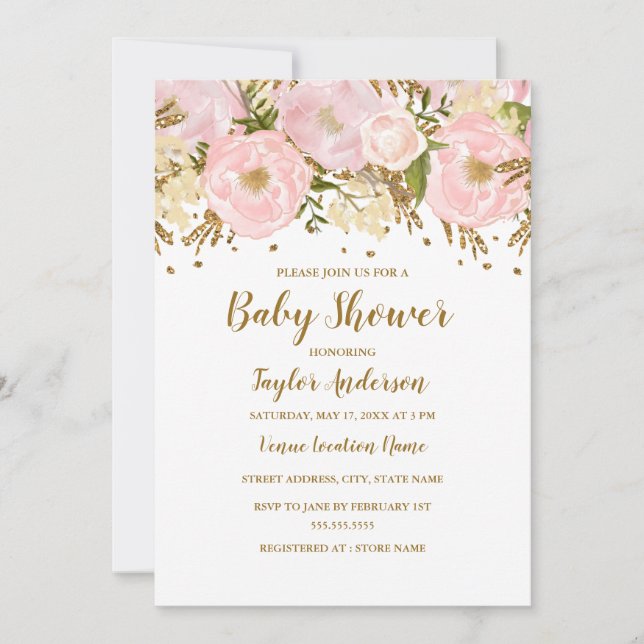 Convites Lindo Rosa Bege Dourado Floral Chá de Bebê (Frente)