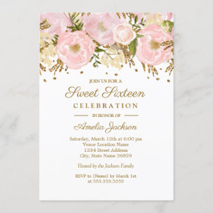 Convites Lindo Rosa Bege Dourado Floral Sweet Sixteen