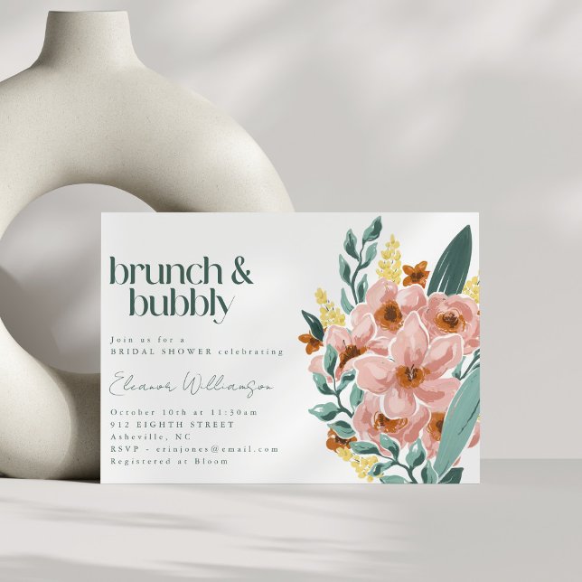 Convites Lindo Rosa Floral Brunch Bubbly Menta Salvia (Criador carregado)