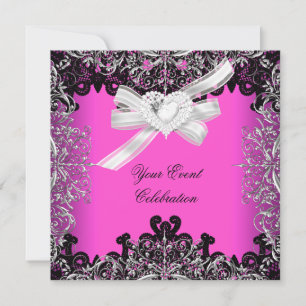 Convites Lindo Rosa Quente Branco Preto Renda Elegante Fest