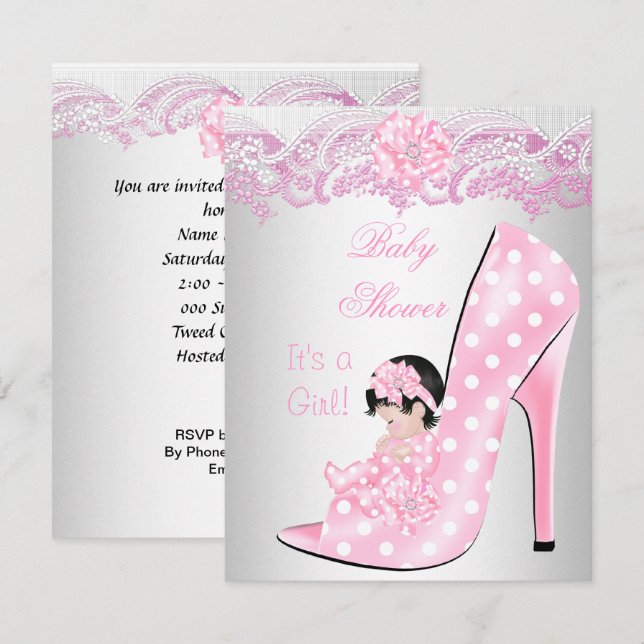Convites Lindo Sapato de Bebê Rosa com Laço para Chás de Be (Frente/Verso)
