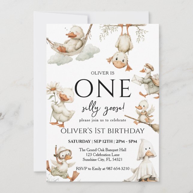 Convites lindo Silly Goose ,Um Silly Goose Aniversário de 1 (Frente)