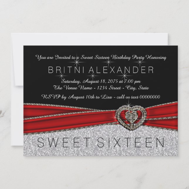 Convites Lindo Sweet 16 Vermelho, Preto e Prata (Frente)