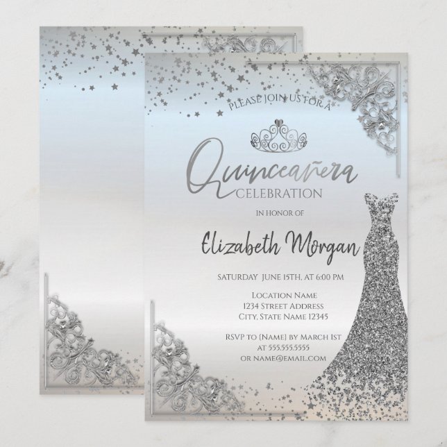 Convites Lindo Tiaro Prateado Vestido Estrelas Quinceañera (Frente/Verso)