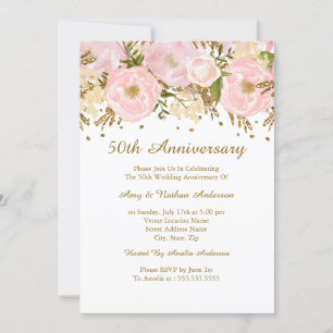Convites Lindo Tomara Rosa Floral Dourado 50º Aniversário