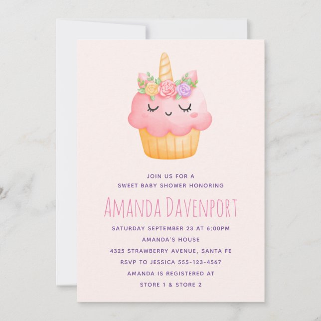 Convites Lindo Unicórnio de Cupcake Rosa com Rosas para Chá (Frente)