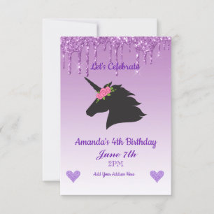 Convites Lindo Unicórnio Floral Roxo com Brilho Pingando