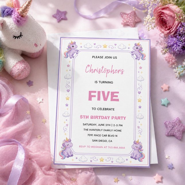 Convites Lindo Unicórnio Mágico Roxo Pastel de 5º Aniversár (Cute Purple Pastel Magic Unicorn 5th Birthday Invitation
)