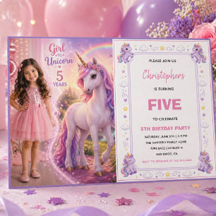 Convites Lindo Unicórnio Mágico Roxo Pastel de 5 anos de id