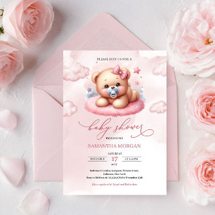 Convites Lindo ursinho de pelúcia rosa em aquarela com chup