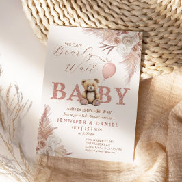 Convites Lindo Urso Mal Pode Esperar Chá de Bebê Rosa Boho