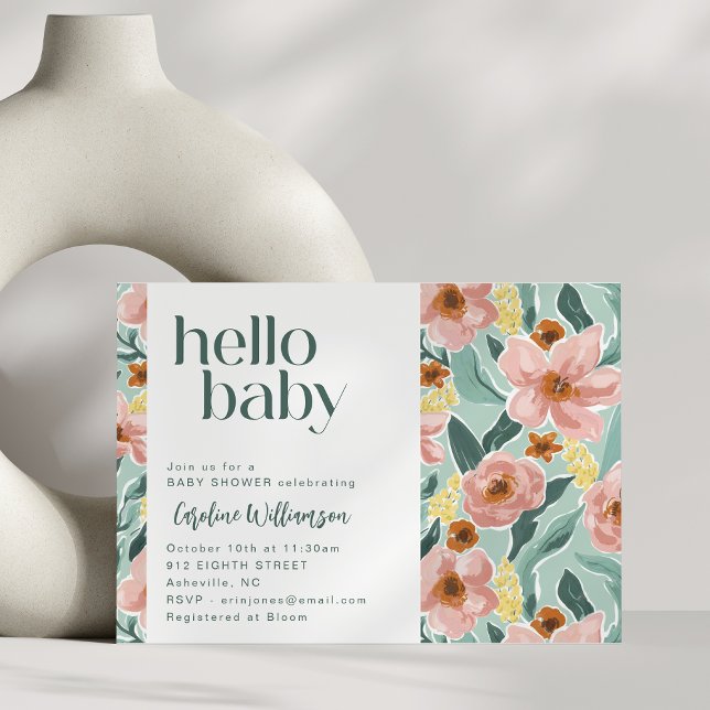 Convites Lindo Verde Sage Rosa Floral Olá Chuvada de Bebê (Criador carregado)