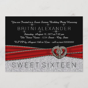 Convites Lindo vermelho, preto e prata Sweet 16