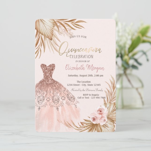 Convites Lindo vestido brilhante Boho Flores Quinceañera  (Em pé/Frente)