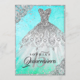 Convites Lindo Vestido de Lace Diamante Brilhante Azul Verd
