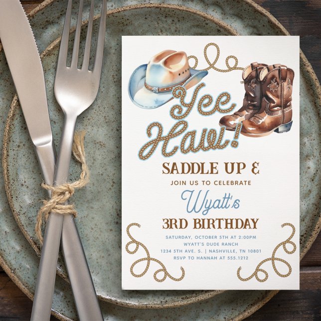 Convites Lindos Bolas de Cowboy Azul Yee Haw Rodeio Anivers (Cute Cowboy Boots Blue Yee Haw Rodeo Birthday Invitation)