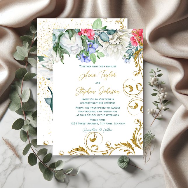 Convites Lindos botânicos com Suavimentos Dourados (Beautiful botanicals and faux gold glitter swirls invitation front and back.)